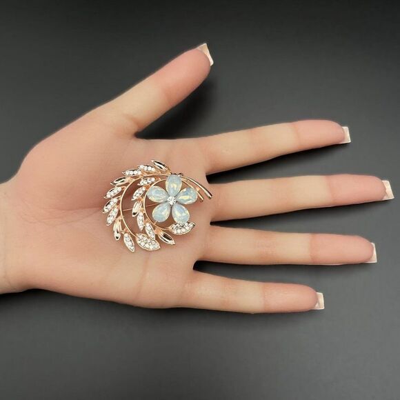 Rose Gold with White Diamond and Opal Crystal Flower and Leaf Pin Back Brooch - Picture 9 of 9